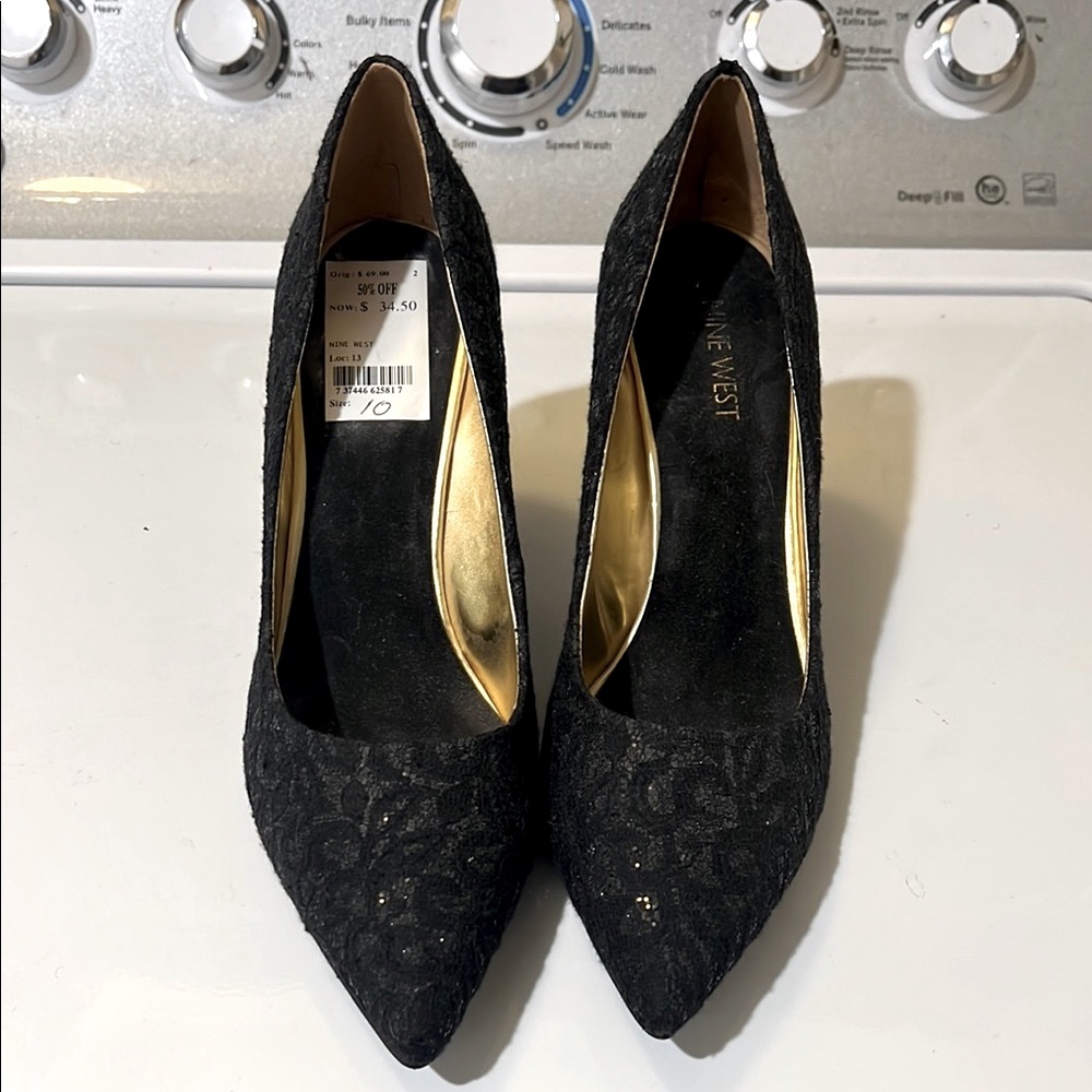 Nine West Black Lace Heels with Gold Interior